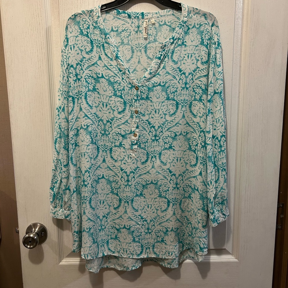 Women’s XL Grand & Greene Turquoise Patterned Blouse